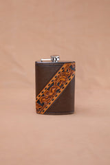 Vogt Silversmiths Leather Flask Chocolate Brown and Russet Diagonal Tooled Flask