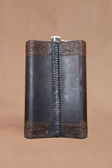 Vogt Silversmiths Leather Flask Giant Floral Espresso with Mocha Tooling Flask