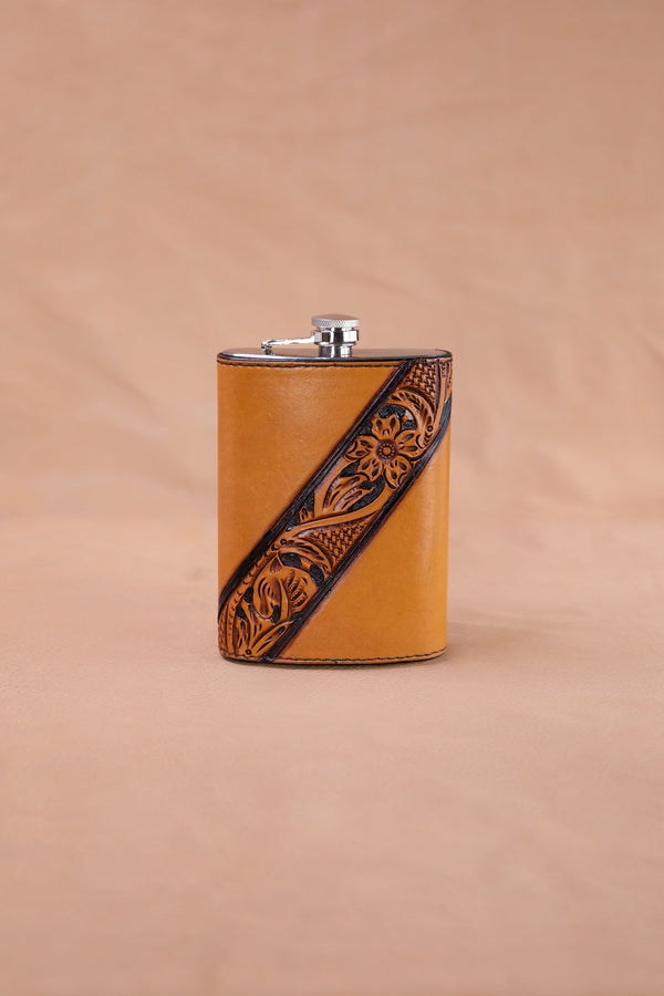 Vogt Silversmiths Leather Flask Russet and Dark Brown Floral Diagonal Tooled Flask